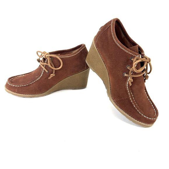 SPERRY Brown Suede Leather Lace-up Thick Stitch Bootie Wedge Heel ShoesWomans 10 - Picture 1 of 11